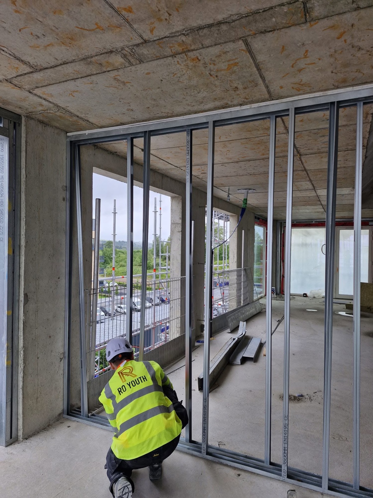 RO Youth crew partition framing at Jacob's Island, Cork